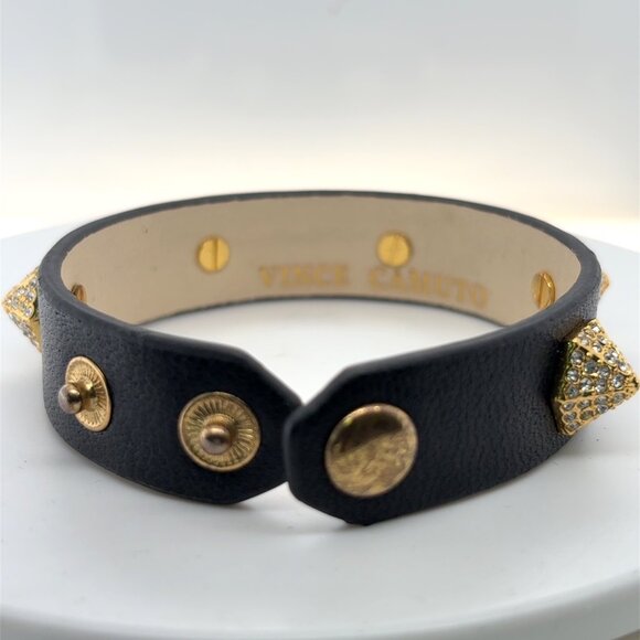 Black leather bracelet by VINCE CAMUTO with 6gold color white paste stations - Picture 3 of 3